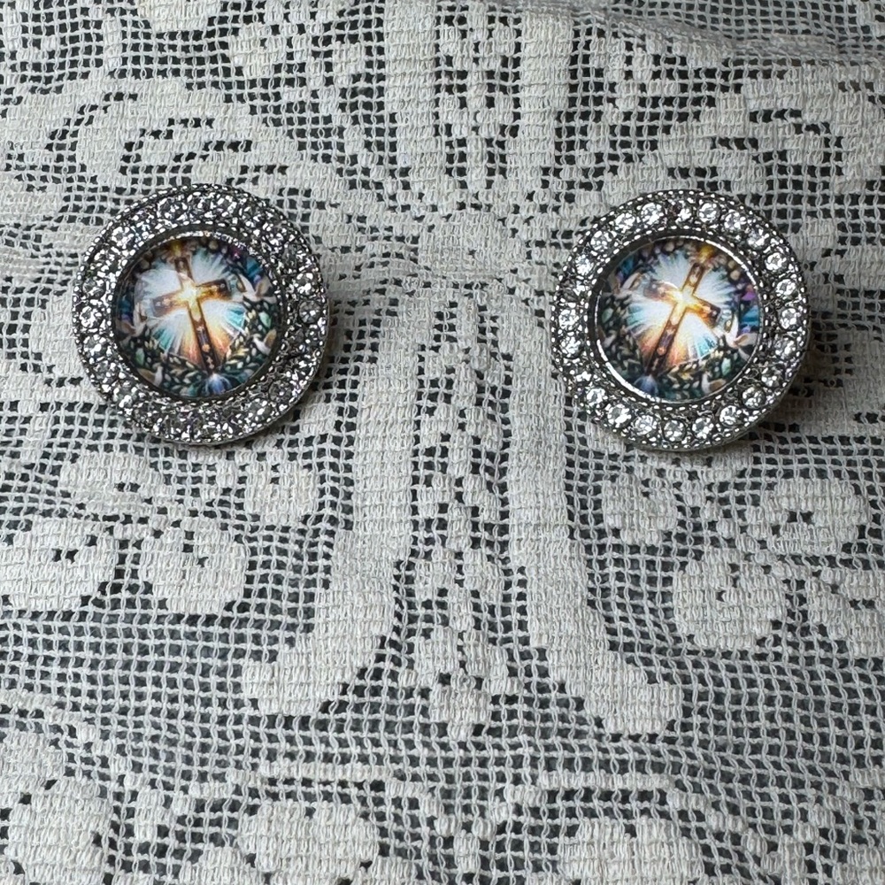 Devotional Rhinestone Silver Tone Round Cross Earrings Religious Gift Jewelry